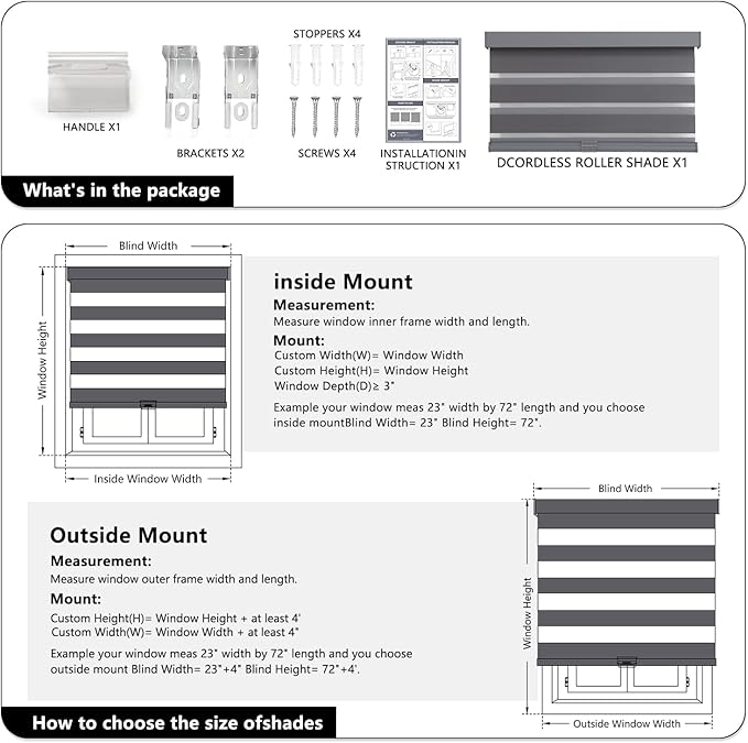 AOSKY Cordless Zebra Blinds for Windows Pull Down Roller Window Shades Dual Layer Light Filtering Privacy for Day and Night, Free-Stop Door Shades for Home Easy to Install (30" W X 48" H，Grey)
