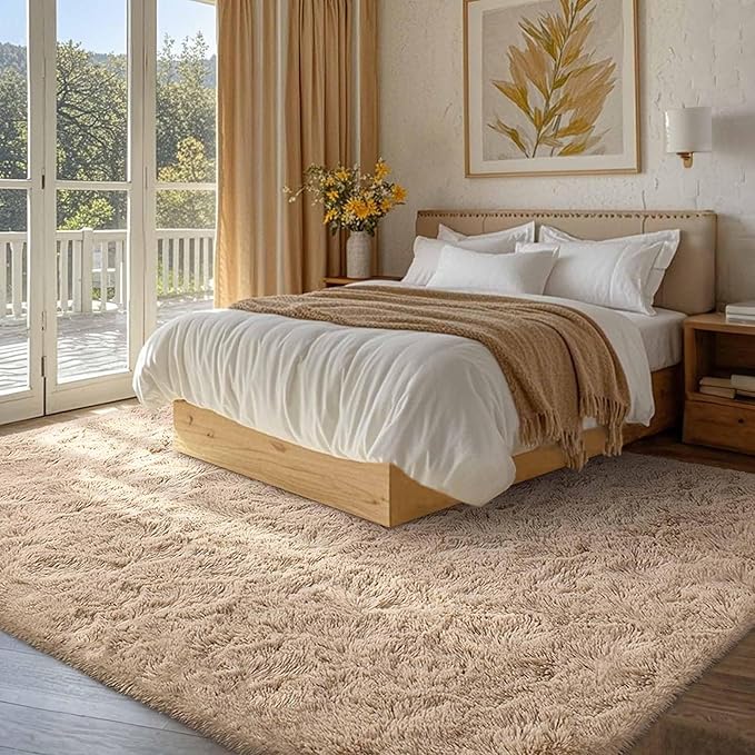 FinRèc Tan Rugs for Bedroom Living Room, 4x6 Feet Fluffy Plush Area Rug, Non-Slip High Pile Shaggy Rug for Kids Room Dorm Room Home Decor, Indoor Solid Shag Floor Carpet