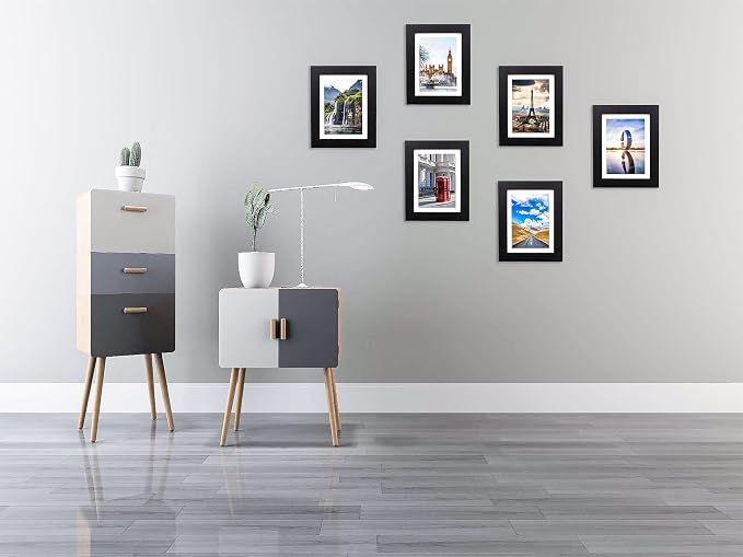 The Display Guys - Black Wooden Minimalist Picture Frames Set - Tempered Glass - 6x8 matted to 5x7 - Tabletop Easel - 6-Pack