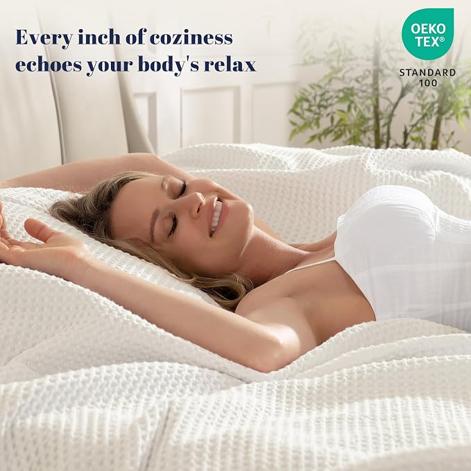 PHF Pre-Washed 100% Cotton Waffle Weave Blanket Queen Size for Bed,Snag Proof Throw Blanket for Couch Spring Summer Lightweight Breathable,Machine Washable, Home Decor Gift - Cream
