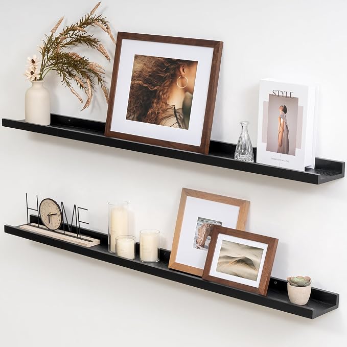 Acovy Solid Ash Wood Picture Ledge Shelf, 36 Inch, Black, Set of 2 | Floating Shelves with Lip, Photo Ledge, Wall Mounted, For Living Room Bedroom Nursery