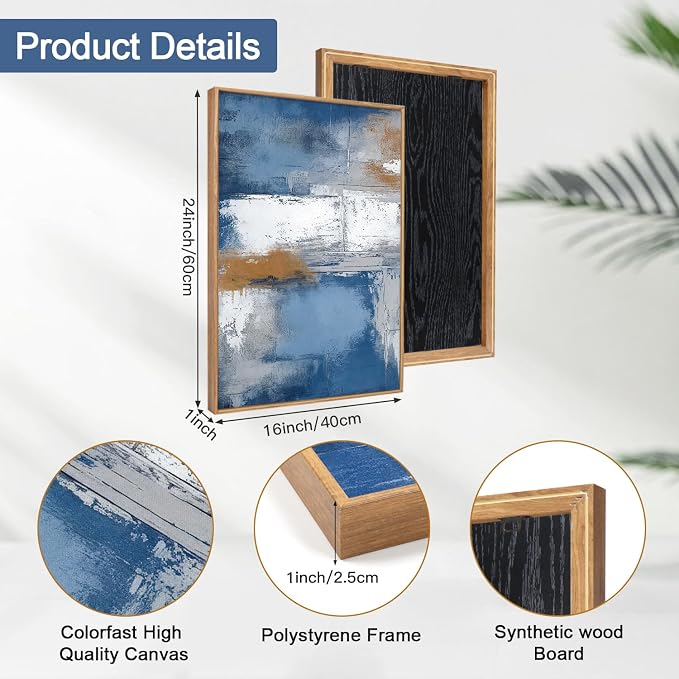 HOURIA 3Pcs Large Abstract Navy Blue Framed Canvas Wall Art Set(16"x24"),Minimalist Modern Blue Grey White Wall Decor,Neutral Blue Toned Color Block Shapse Art Print for Living Room Bedroom Office