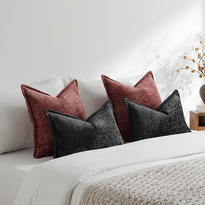 DEZENE Pack of 2 Christmas Burgundy Fall Decorative Throw Pillow Covers 20x20 Cozy Soft Chenille Accent Vintage Square Couch Pillow Covers for Home Decor Bed Sofa Living Room