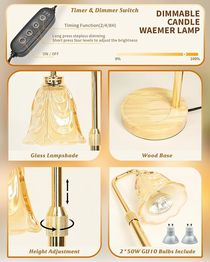 SupBri Tulip Candle Warmer Lamp, Adjustable Height, Dimmable Candle Warmer with Timer, Mom Womens Gifts for Birthday, Unique Home Decor Aesthetic (Off White)