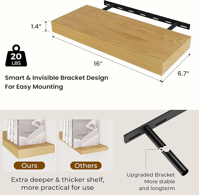 Dreamland 16" Floating Shelves 6.7" Deep Wall Mounted Set of 2 Oak | Wall shelves for bathroom, bedroom, Living Room, kitchen, deep wall mount wood storage display for home decor 16" x 6.7"