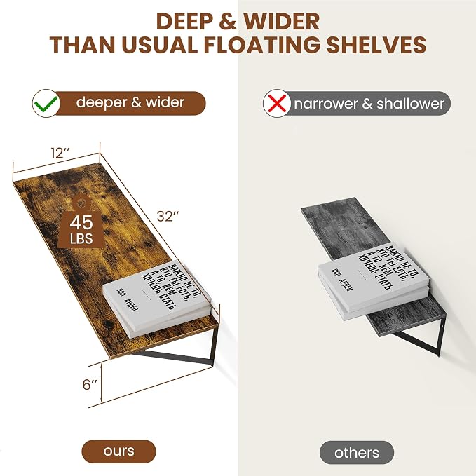 Heimlove Deep Floating Shelves for Wall, 32W x 12D Wood Wall Shelves Set of 2, Wide Floating Bookshelf for Living Room, Kitchen, Office, Bedroom and Decor Storage, with Metal Bracket - Rustic Brown