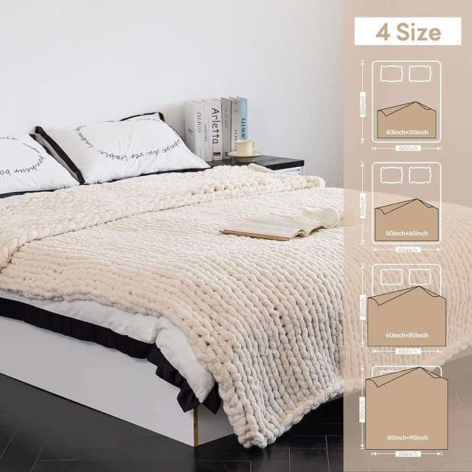 Chunky Knit Blanket - Luxury Soft Cozy 60 * 80 Throw Blanket, 100% Handmade Chenille Yarn Woven Blanket for Couch, Sofa, Home Decor, Gift - Machine Washable (Cream, 60 * 80)