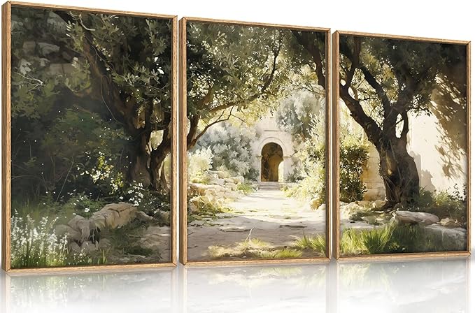 Garden of Gethsemane Landscape Framed Canvas Wall Art, Jerusalem Town Villages Scenery Prints, Jesus Boho Religious Decor, Christian Bible Art Painting for Bedroom Living Room Office 24"x36"x3