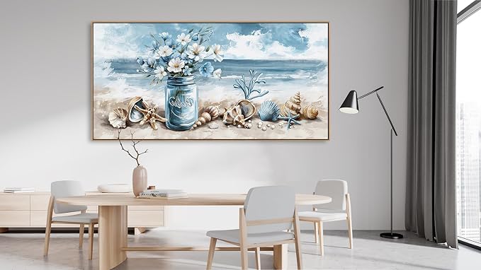 yearainn Coastal Framed Wall Art - Rustic Jar Flowers Canvas Pictures Wall Decor Seashells Seaside Painting Artwork Ocean Landscape Prints Living Room Office Home Decor Natural Wood Frame 40" x 20"