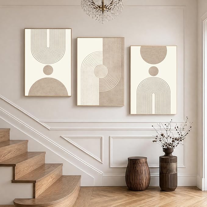 LAATOZ Neutral Abstract Wall Art Framed Modern Canvas Painting, Boho Prints Artwork for Living Room Bedroom Office Hallway Stairs 16x24 Inch 3 Panels