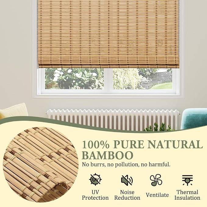Kokorona Cordless Bamboo Roman Shades with Valance, Light Filtering Bamboo Blinds for Interior Windows, Natural Roll Up Bamboo Shades for Home, Office, Easy Installation, 31" W x 64" H, Natural