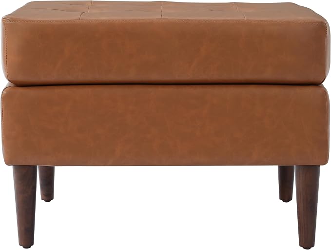 Christopher Knight Home Dalla Faux Leather Ottoman Coffee Table, Small Living Room Sofa Footrest, Wooden Rectangular Ottoman Footstool, Guest Extra Seat, Tan Brown+Walnut