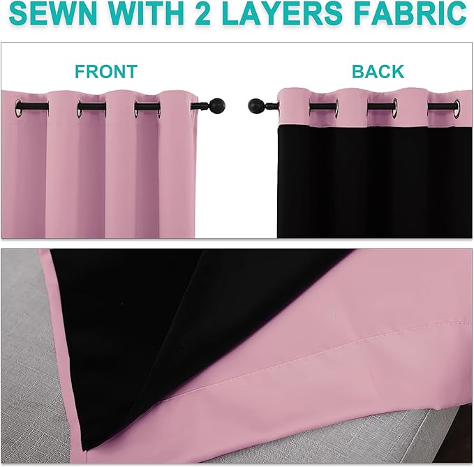 NICETOWN 100% Blackout Short Curtains with Black Liners, 2 Panels, 37"W by 63"L, Crystal Pink, Solid Thermal Insulated Full Blackout 2-Layer Lined Drapes, Energy Efficiency Window Drapes for Bedroom