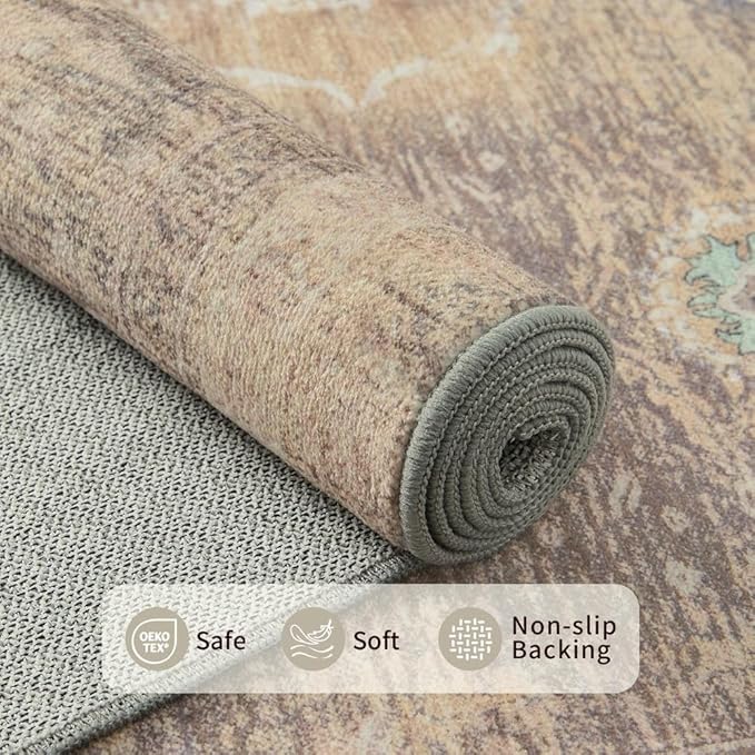 Rugxara Beige Rug 5x7 Neutral Area Rugs for Living Room Bedroom, Washable Vintage Floral Retro Boho Non Slip & Low Pile Carpet for Indoor Dining Room and Kids Room(Beige 5x7ft)