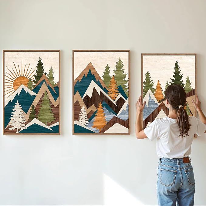 Tinonedraw Large Mountain Framed Canvas Wall Art, Boho Rustic Sunrise Forest Wall Decor, Vintage Woodsy Nature Art Painting, Modern Wilderness Trees Art Print for Living Room Bedroom Office 16"x24"x3
