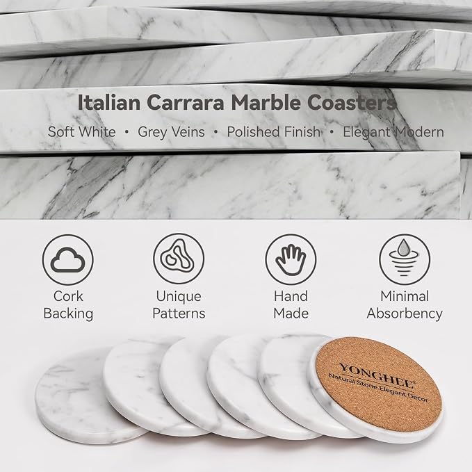 Soft White Marble Coasters Set of 6, Modern Elegant Drink Coasters for Coffee Table, 4" Round Polished Natural White Stone Coaster with Grey Veins - Heat Resistant, Non-Slip, Housewarming Gift