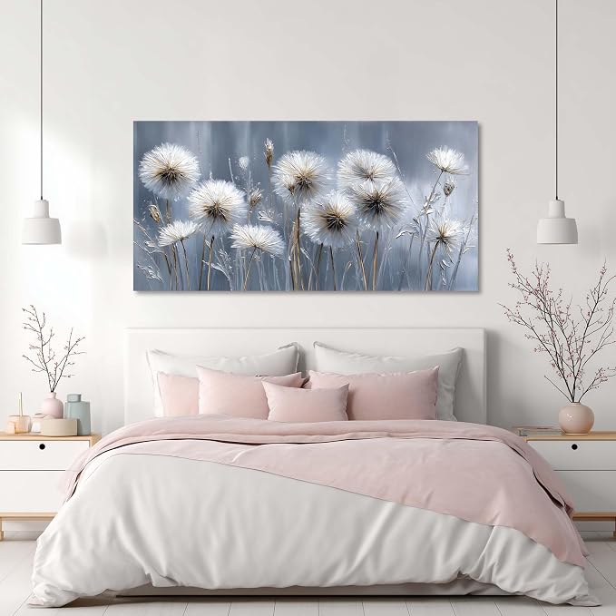 Ggaafet White Dandelion Wall Art for Living Room Canvas Oil Painting Prints Beautiful Dream Flower Floral Blooming Art Deco Modern Artwork Office Bedroom Family Dining Room Decor Extra Large