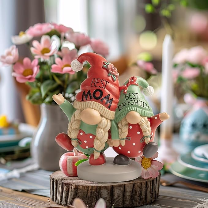 Mothers Day Gnome Figurines, Red Green Resin Best Mom Daughter Gnome Decor, Small Statue Birthday Gifts for Mom, Indoor Table Top Centerpieces Shelf Desk Tiered Tray Mantel Home Decorations