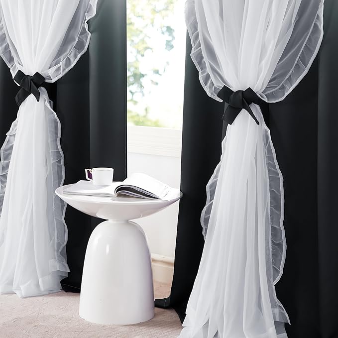 PONY DANCE Ruffle Curtains Double Layers Gradient Decoration with Sheer Overlay, French Country Rustic Design Window Covering with Tiebacks, 52" Wide x 84" Long, Ombre-Black, 2 Panels