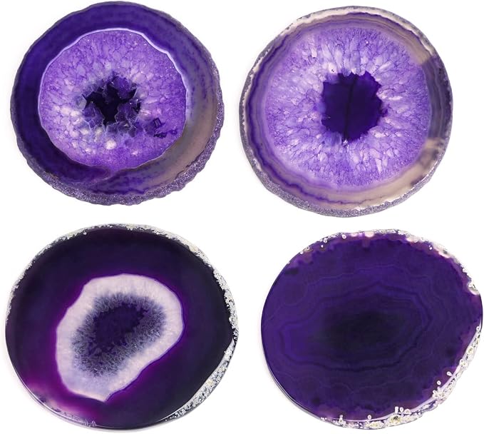 Natural Purple Agate Coasters for Drinks Set of 4 | Natural Stone Drink Coasters, Decorative Table Coasters for Coffee Table, Bar or Desk, Housewarming Gift