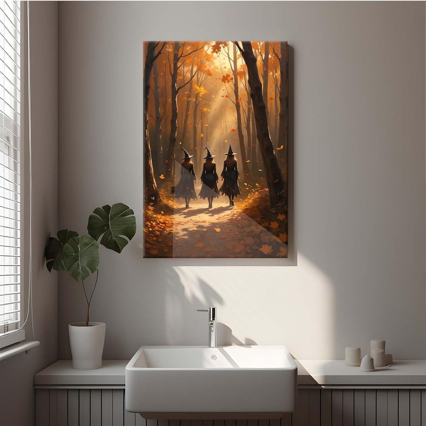 JFHCQJPK Three witches walking in the forest in autumn canvas painting gothic poster halloween print country witch wall art for home decoration20x30in Frameless