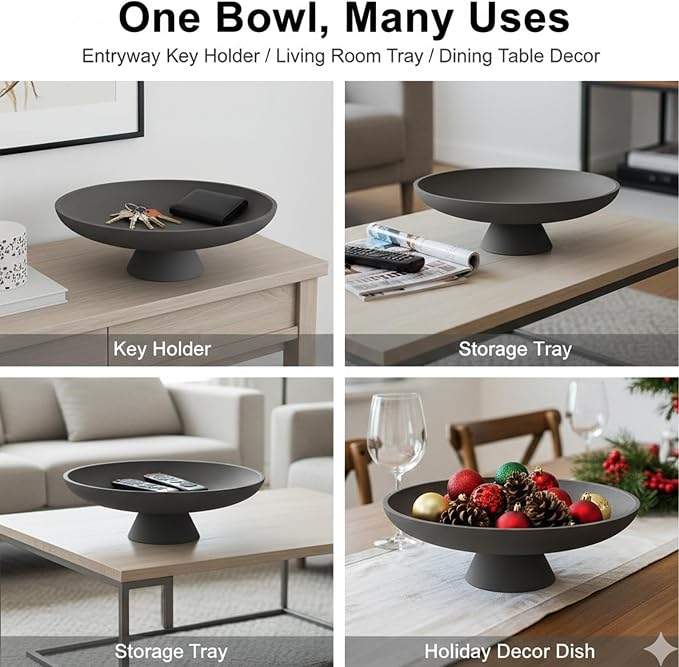 12 Inch Concrete Pedestal Catch All Fruit Key Decorative Bowl Black | Heavy duty concrete pedestal fruit key bowl with cork base, decor for kitchen counter, entryway & coffee table storage