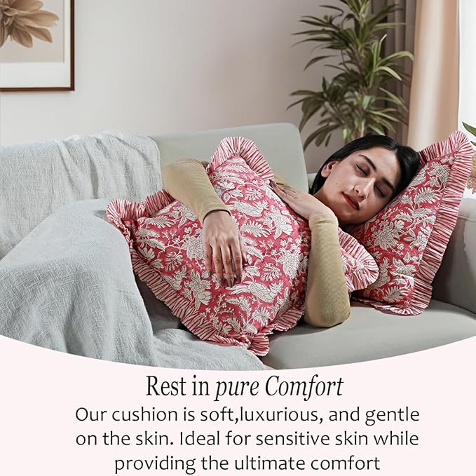 CPC Pink Coral Ruffle Throw Pillow Covers for Couch, 20x20 Inch Cotton Stripe Ruffle Couch Pillows for Living Room, Hidden 16 Inch Zipper Boho Pillow Case or Cute Outdoor Pillows