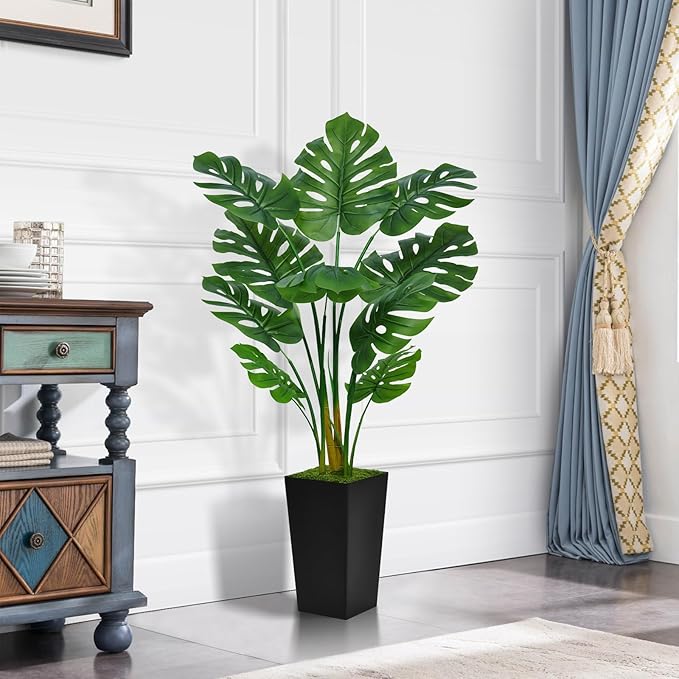ASTIDY Artificial Monstera Deliciosa Plant 5FT - Faux Tropical Palm Tree with Black Tall Planter - Fake Swiss Cheese Floor Plant in Pot - Artificial Tree for Home Office Living Room Decor Indoor
