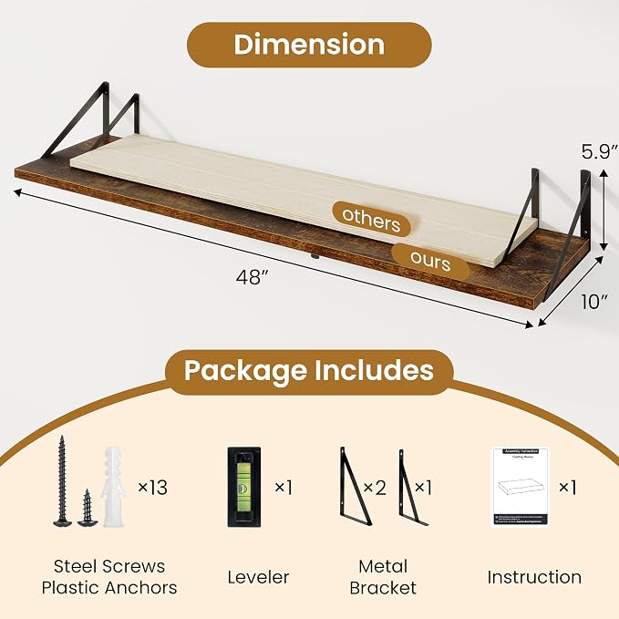 Acovy 48inch Floating Shelves for Wall,10" Deep Floating Shelves with Metal Brackets,Wall Mounted Hanging Floating Shelf,Wide Display Shelves for Living Room,Bedroom,Office,Kitchen,Rustic Brown