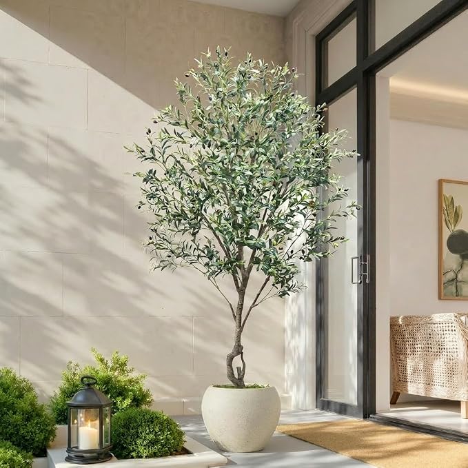 Caxchiling Large Artificial Olive Tree 7FT, Indoor Outdoor Faux Tall Tree | Natural Trunk with Olive Fruits and Buds in White Planter for Home Office Living Room