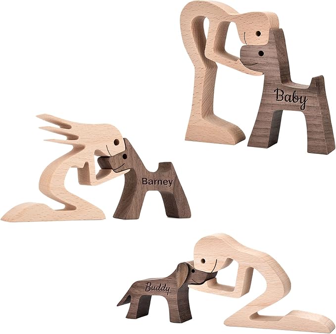 Custom Wooden Sculpture Name Engraved Human and Dog Statues