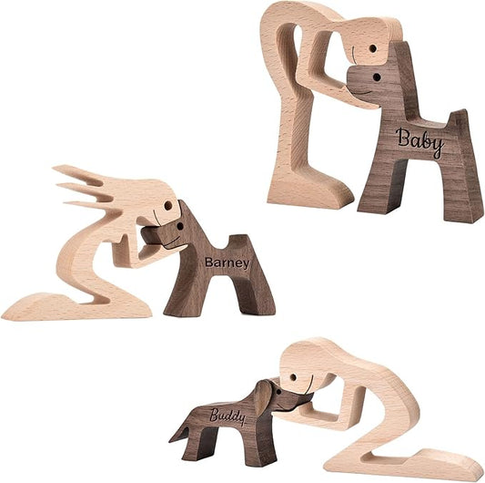 Custom Wooden Sculpture Name Engraved Human and Dog Statues