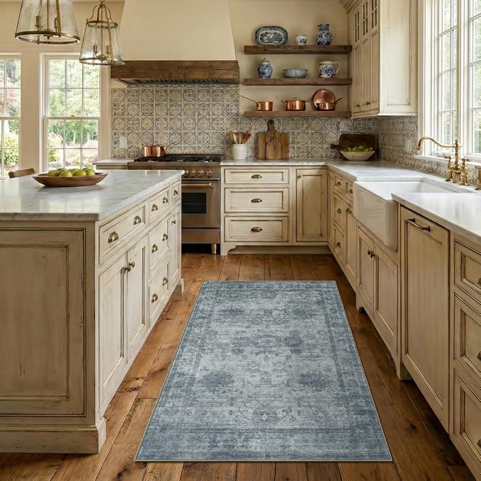 Homemate Washable Rug 4x6 Area Rugs - Vintage Faux Wool Rugs for Living Room Bedroom Dining Room - Non Slip Foldable Carpet Indoor Area Rug for Home Decor（4'x6', Blue