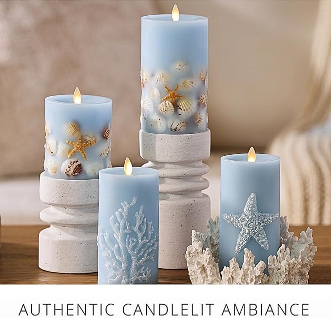 Luminara Flameless LED Candle Soft Chambray Embedded Seashell & Starfish Moving Flame Pillar Unscented Real Wax with Recessed Edge (6.5-inch)