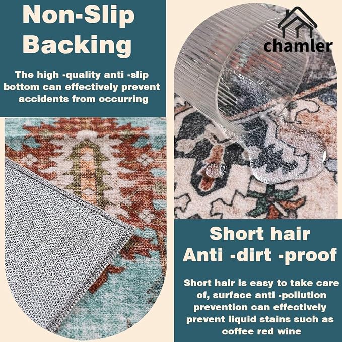 chamler 10'x14' Washable Area Rug Boho Chic Medallion Distressed Design Non-Shedding Easy Care Ideal for High Traffic Areas in Rugs for Living Room Bedroom Office Coffee Table Large Carpet