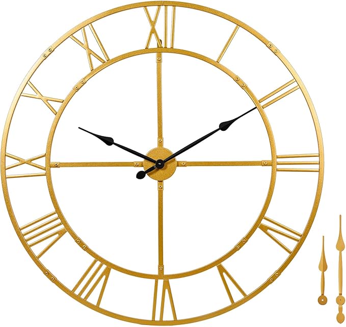 Large Wall Clock for Living Room Decor – 32 Inch Knocked-Down (KD) Silent Non-Ticking Modern Farmhouse Wall Clock, Oversized Decorative Metal Roman Numeral Clock