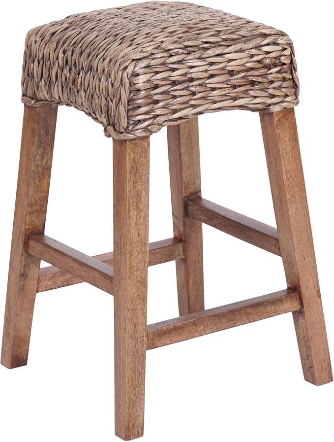 JONATHAN Y Maui Coastal Woven Water Hyacinth Counter Stool, Mango Wood Frame, 26" Backless Counter Stool for Kitchen Island with Integrated Footrest, Fully Assembled, Coastal, Brown Wash CSL1101A