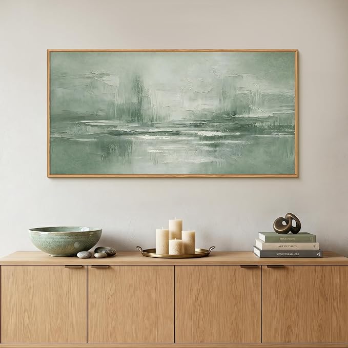 HPNIUB Large Abstract Sage Green Framed Canvas Wall Art Set,Vintage Neutral Brush Stroke Wall Decor, Minimalist Lake Landscape Artwork for Living Room,Bedroom,Office -20"x40"x1