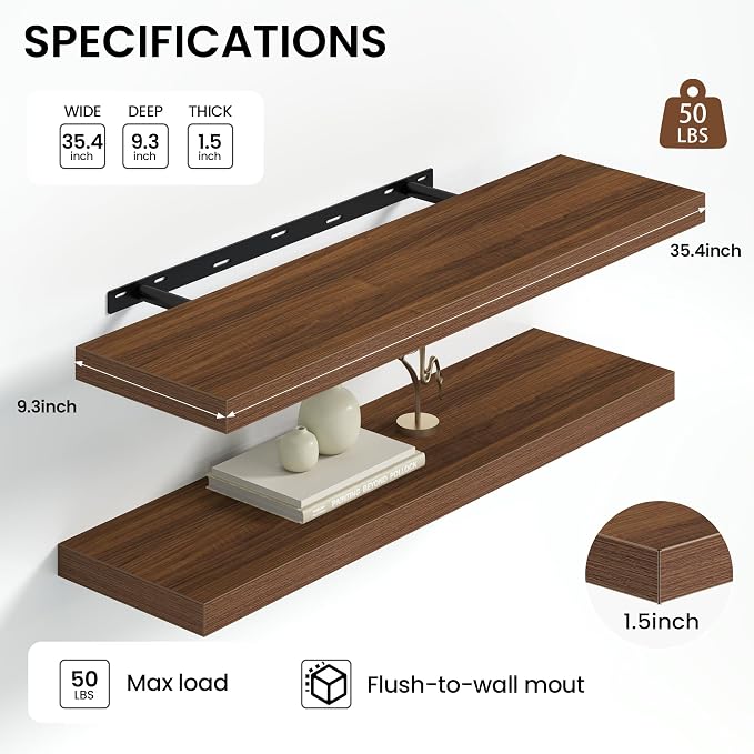 Heimlove Floating Shelves for Wall 36 Inches Long,9.3" Deep Walnut Floating Shelf Set of 2,Wall Mounted Shelves for Bathroom Bedroom Living Room Kitchen Office,Shelf for Books Storage,Home Decor