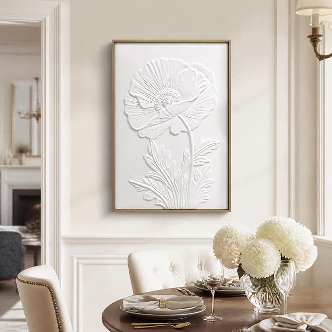 SAFERRYHOME White Flower Textured Carve Wall Art, 24"x36" Framed | Large 3D Floral Framed Canvas Wall Decor, Modern Flower Botanical Painting Elegant Nature Artwork for Home Office Living Room