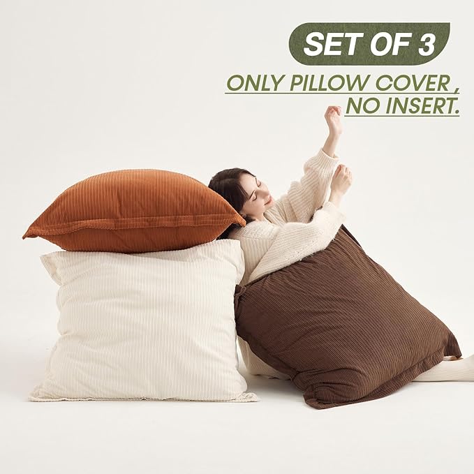 COCO TOP Set of 3 Super Soft Vintage Oversized Pillow Covers 26x26inch, Striped Corduroy Decorative Cushion, Home Decor for Expansive Living Rooms & Bedrooms (Earthy Brown, Rust & Cream