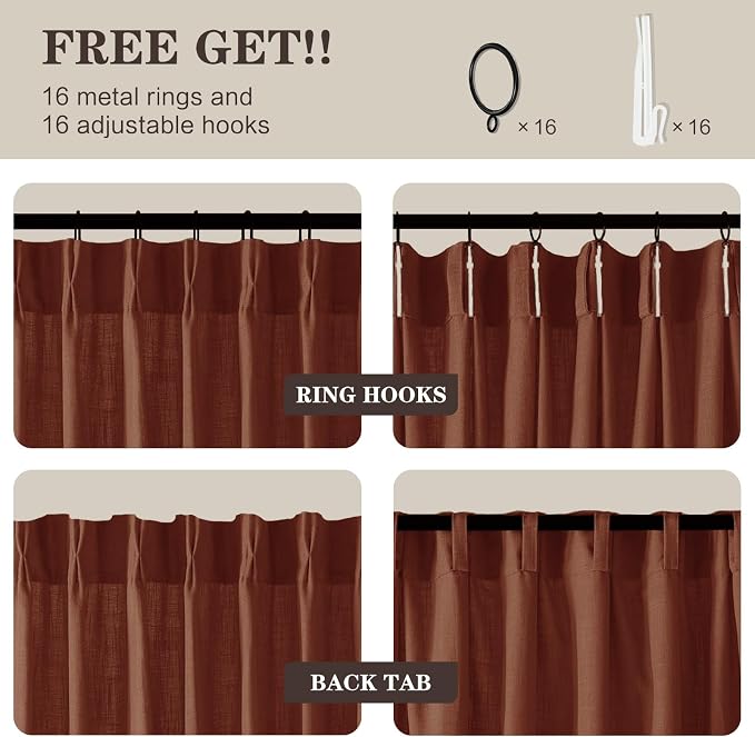 YZ HOME 90 Inch Curtains Pinch Pleated Linen Curtain for Living Room, Reddish Brown Light Filtering Pleat Drapes Textured Thick Ceiling Semi-Sheer Curtain with Hooks for Bedroom Study Room, 2 Panels