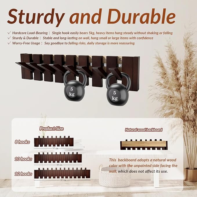 Piano Coat Rack 10-Hooks Wooden Wall Hooks Entryway Hanger Piano Key Coat Rack Wall Mount Wood Wall Hooks for Hanging Towel Hat Clothes Dog Leashes Heavy Duty Wall Mounted Wooden Coat Rack Flip Down