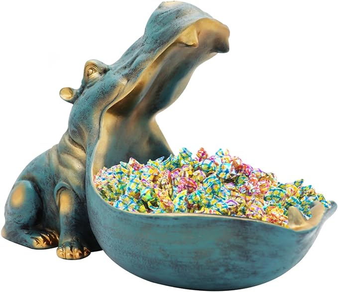 aboxoo Hippo Statue,Large Hippopotamus Figurine Home Sculpture with Resin, Hippo Candy Jar, Candy Dish Bowl for Office Desk, Key Bowl for Entryway Table,Container Storage Art Decor Box(Dark Blue)