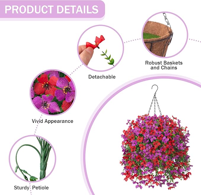 INXUGAO Artificial Hanging Flowers Plants with Basket for Outdoors, Realistic Faux Silk Daisy Flower Eucalyptus for Spring Decor, UV Resistant Fake Plants for Porch Patio Yard Balcony, Red Purple