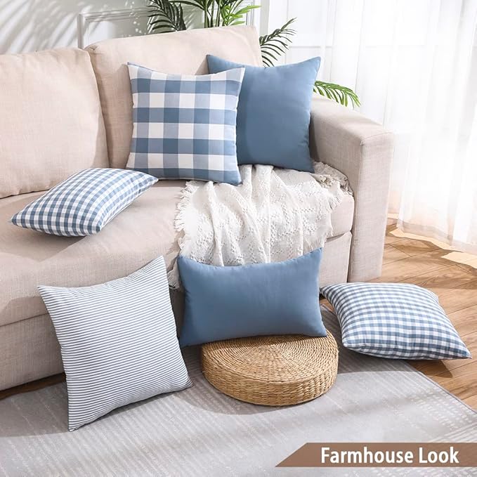 CARRIE HOME Light Blue Farmhouse Buffalo Plaid Pillow Covers 18x18 Set of 2 Patio Outdoor Decor Neutral Checkered Pillow Covers 18 x 18, Blue and White Gingham