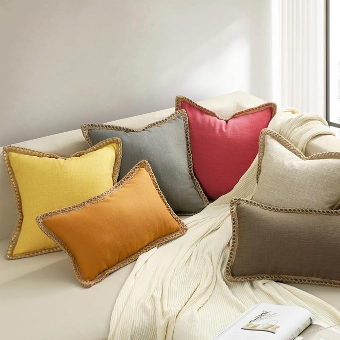 Phantoscope Pack of 2 Farmhouse Decorative Throw Decorative Pillow Cover Burlap Linen Trimmed Tailored Edges Red, Plain, 12 x 20 inches, 30 x 50 cm