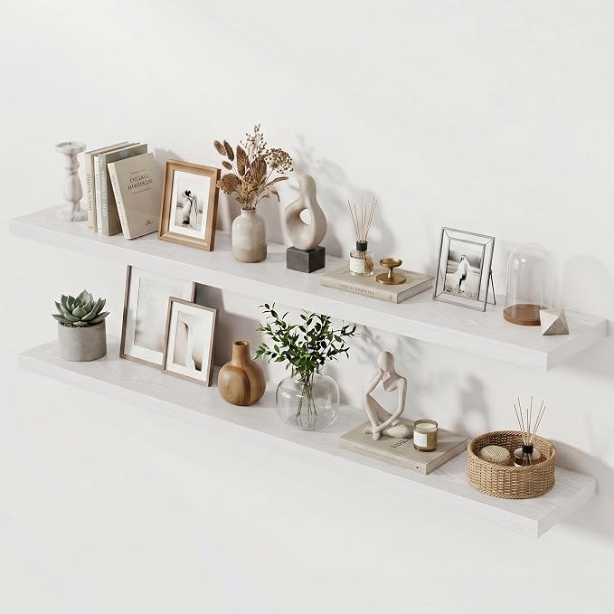 Acovy 72 Inch Long Floating Shelves for Wall Set of 2,12" Deep Wall Shelf,Large Floating Shelf with Invisible Brackets for Bedroom,Bathroom,Kitchen,Farmhouse Home Decor Display Bookshelf,White