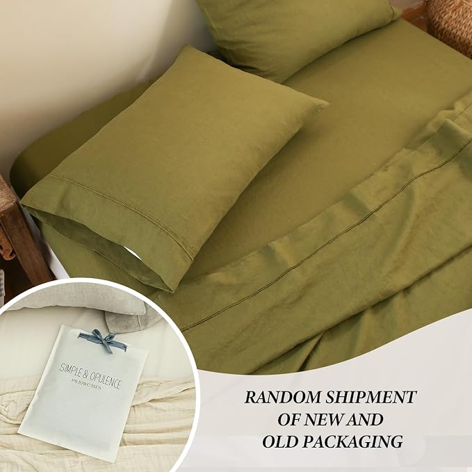 Simple&Opulence 100% French Linen Pillowcase Queen Size-Set of 2- Washed Solid Color Pillow Cases Embroidered -Soft and Durable (Olive Green, 20''x30'')