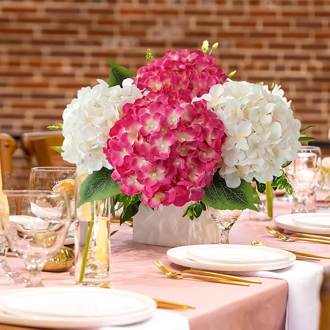 JINWOE Magenta Pink Hydrangea Artificial Flowers, 5Pcs 20Inch Large Lifelike Faux Pink Flowers, Full Fake Artificial Hydrangeas with Stems for Bouquet Table Centerpieces Home